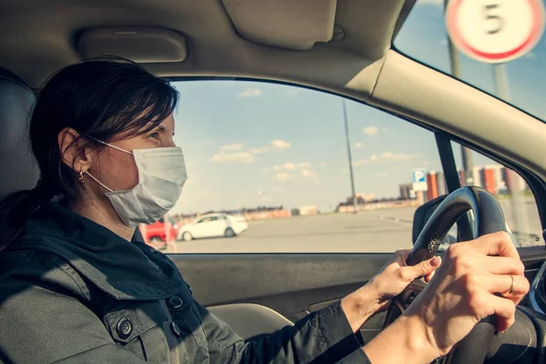 Young Woman Beauty Medical Mask Driving Car Town New Life — Stock Photo, Image