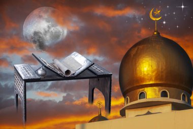 Ramazan Kareem, ay ve yıldızlı arka plan, kutsal ay. Caminin altın kubbesi, Kuran 'ın kutsal kitabı için dua masası. Bu görüntünün elementleri NASA tarafından desteklenmektedir.