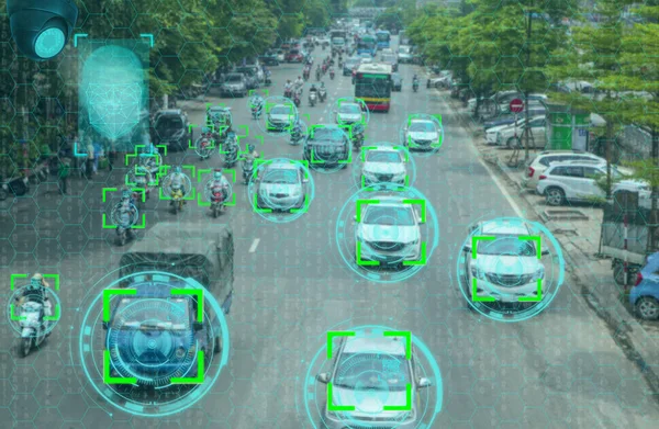 Facial recognition system, concept, identification of people on city roads moving in cars and motorbikes, speed control of cars in the city