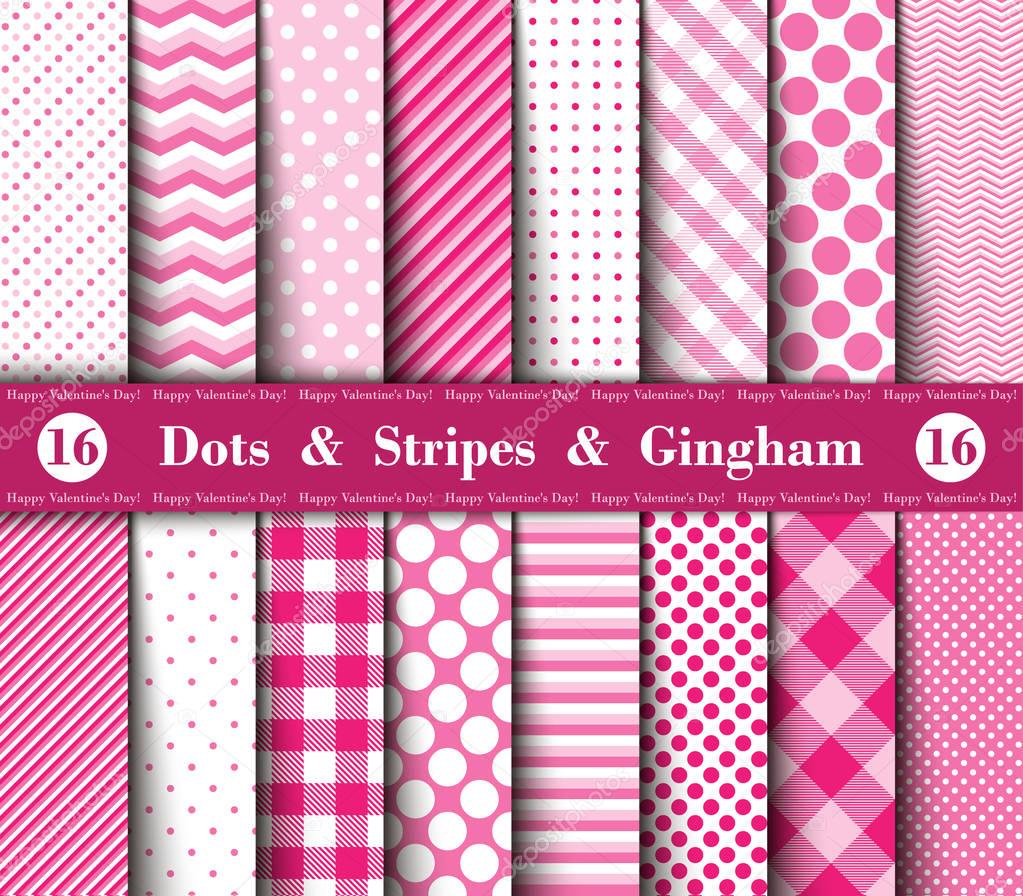 Happy Valentine's Day! Set of Sixteen Seamless Polka Dots, Gingham  and  Stripes