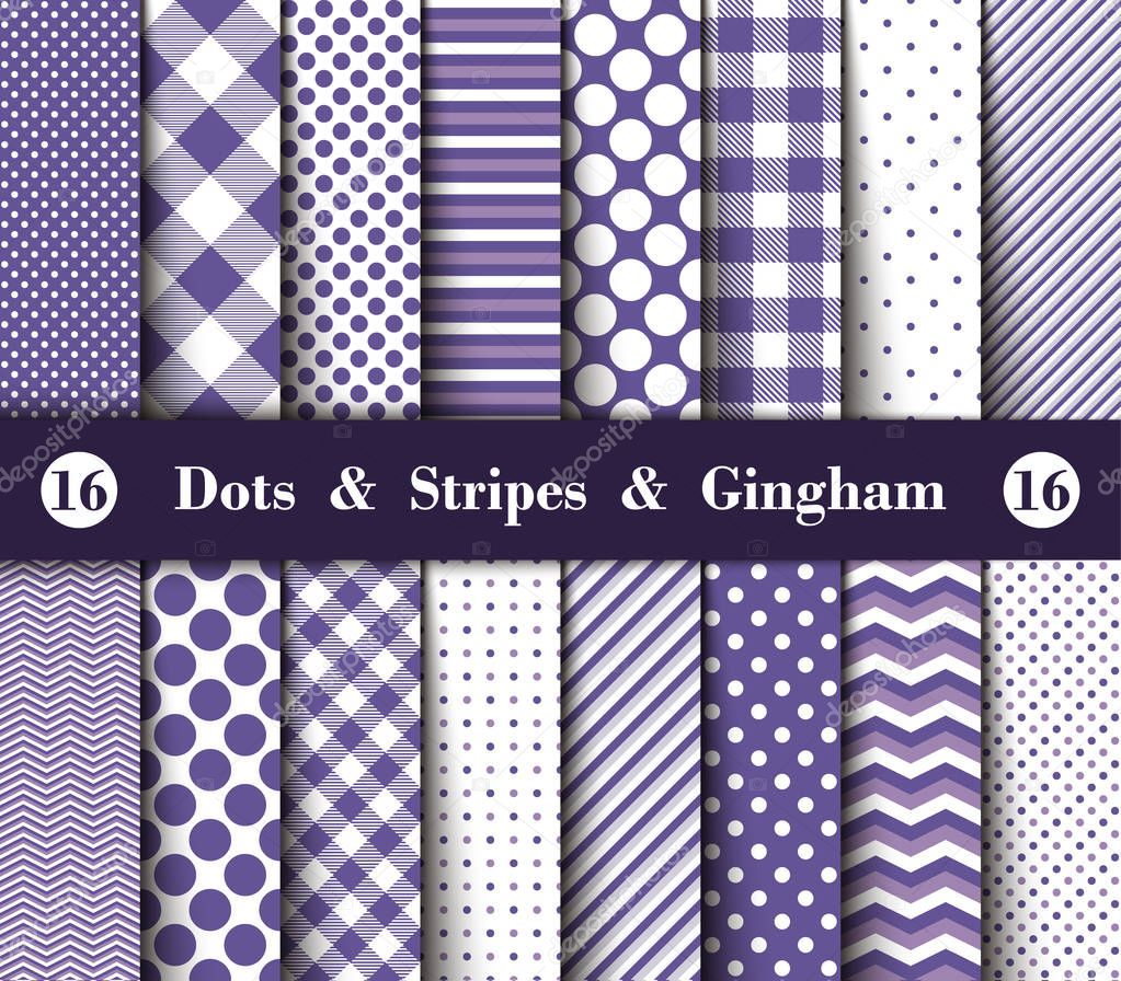 Set of Seamless Polka Dots, Gingham and  Stripes in Ultra Violet and White Color