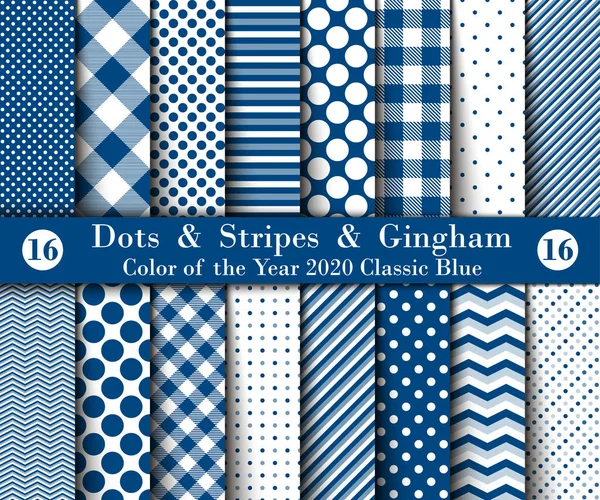 Set of Sixteen Seamless Polka Dots, Gingham, With Stripes with Classic Blue Colors. — стоковий вектор