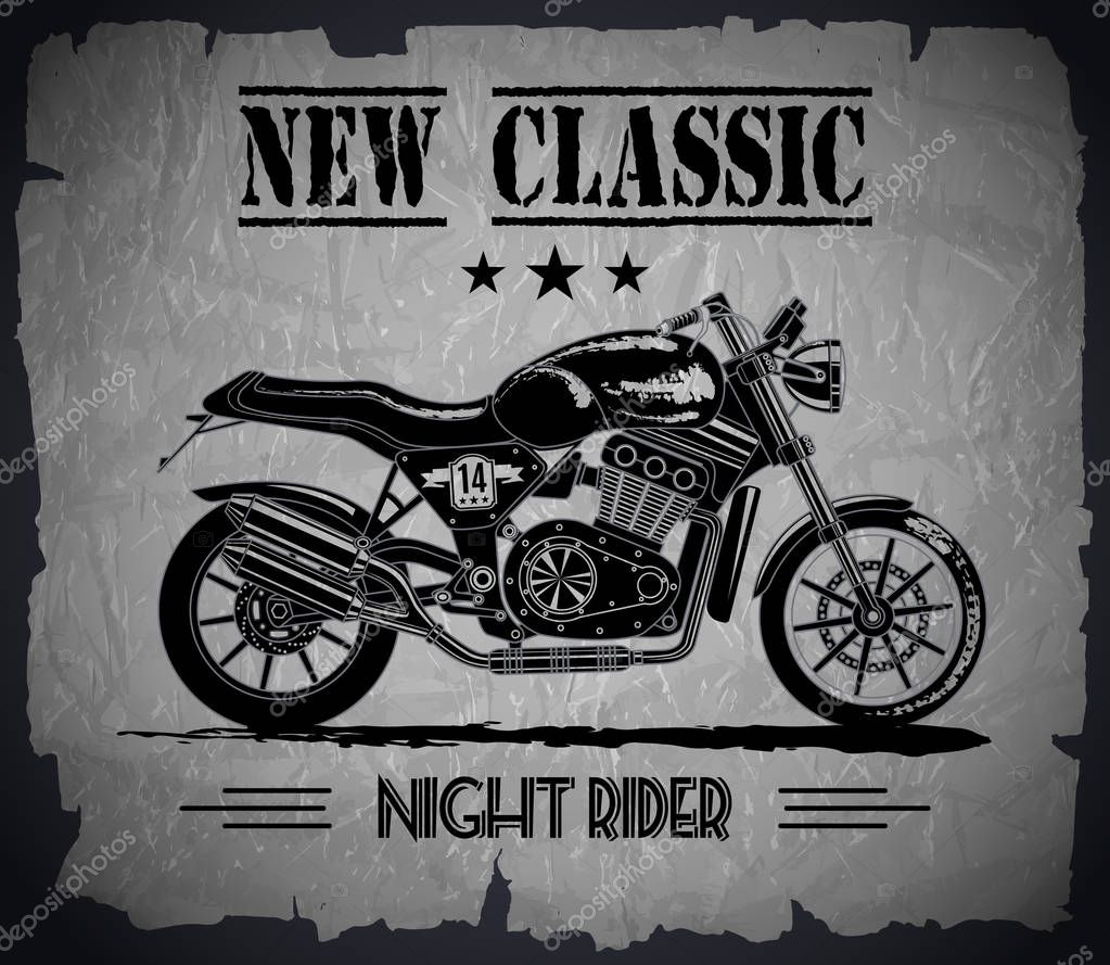 Vector motorcycle inspirational, advertising poster. Hand drawn illustration for retro motorcycle on textured background. Graphic bike logo for custom company, motorclub, garage label, t-shirt print.