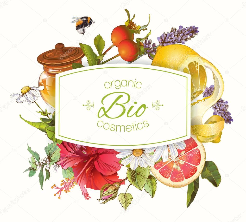 Vector Organic cosmetics banner with honey, hibiscus flower,lemon and rose hip. Design for natural cosmetics, baking,candy and sweets,grocery,health care products. With place for text.