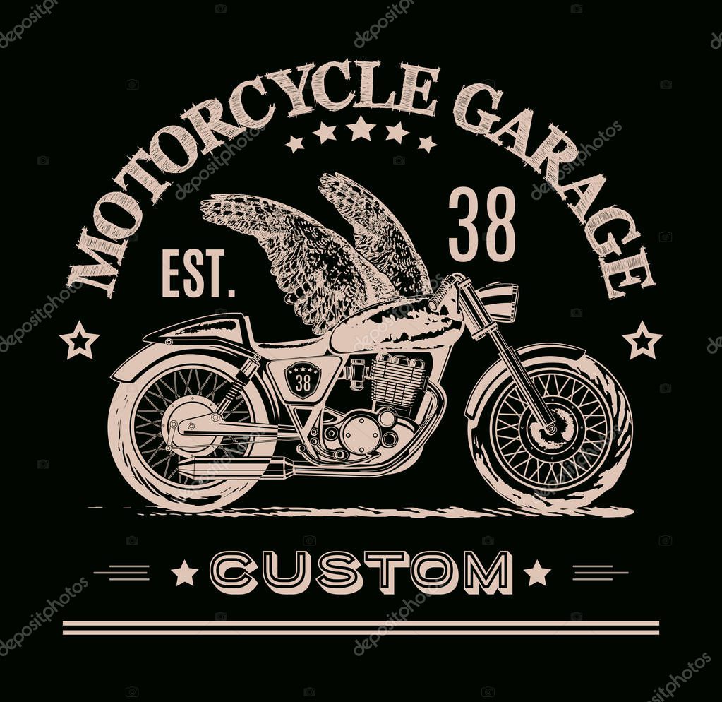 Vector motorcycle inspirational, advertising poster. Hand drawn illustration for retro motorcycle on black background. Graphic bike logo for custom company, motorclub, garage label, t-shirt print