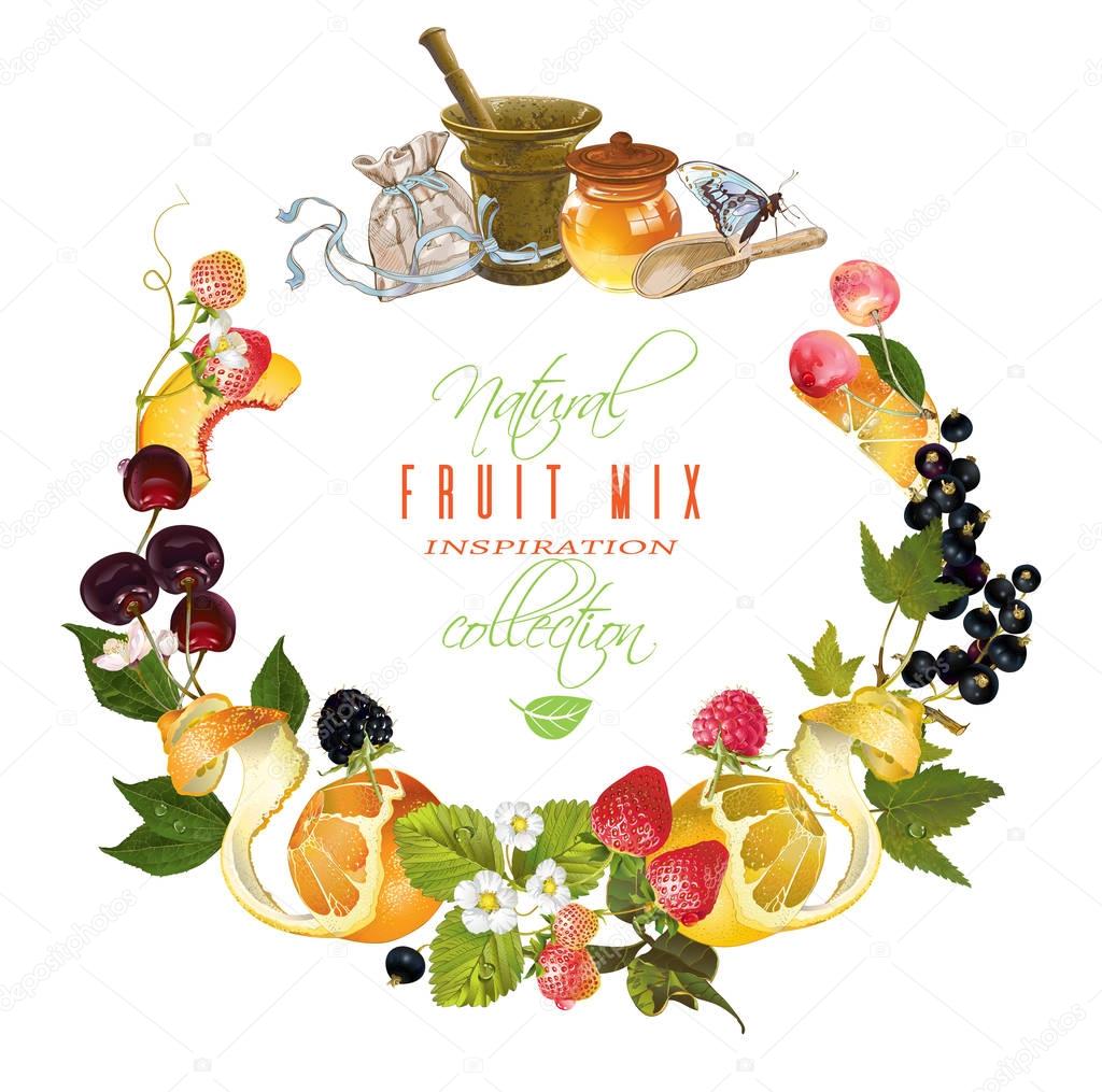 Vector vintage fruit and berry cosmetic banner with honey and mortar .Design for herbal and fruit tea, natural cosmetics, candy, grocery and health care products. Can be used as logo design