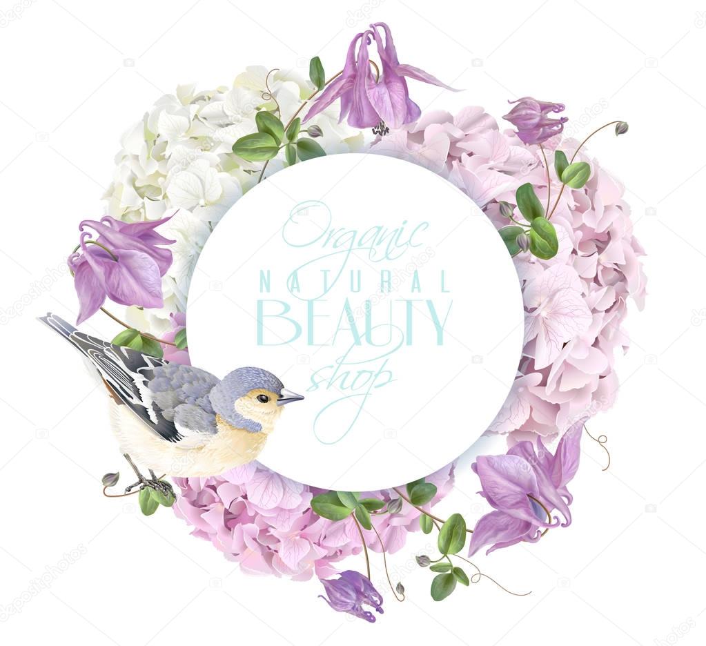 Vector round banner with hydrangea, bell flowers and cute bird on white. Floral tender design for cosmetics, perfume, beauty products. Best for greeting card, wedding invitation. Can be used as logo