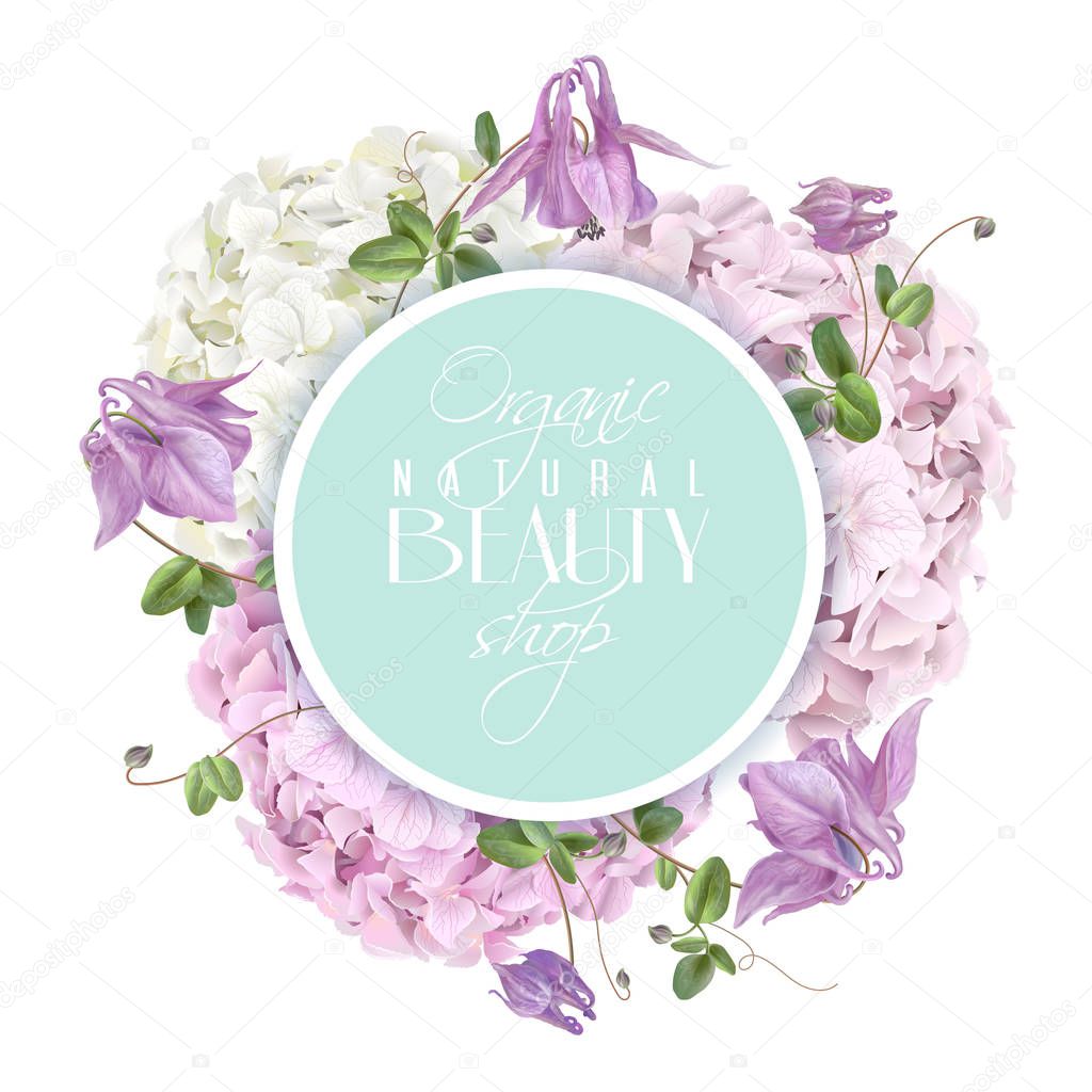 Vector natural cosmetic round banner with hydrangea and bell flowers on white background. Floral tender design for cosmetics, perfume, beauty care products, greeting cards. Can be used as logo design