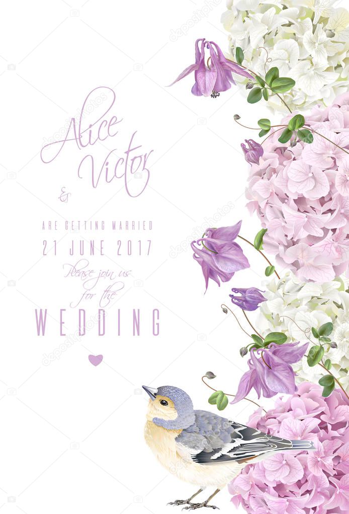 Vector vertical banner with hydrangea, bell flowers and cute bird on white. Floral design for cosmetics, perfume, beauty products. Best for greeting card, happy birthday card or wedding invitation