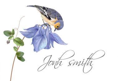 Mavi çiçek kuş adı kartı