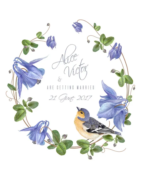 Μπλε λουλούδι πουλιών στεφάνι — Διανυσματικό Αρχείο