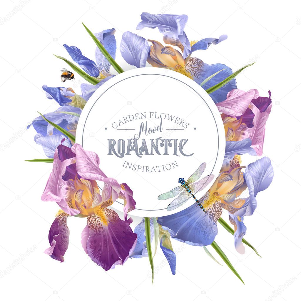 Vector vintage botanical banner with iris flowers and dragonfly on white. Floral design for natural cosmetics, perfume,women products. Can be used as greeting card,wedding invitation,summer background