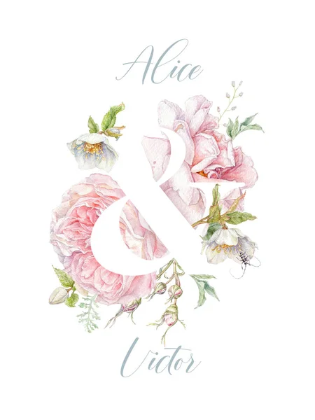 Acuarela rosa rosa flor boda invitación tarjeta — Foto de Stock