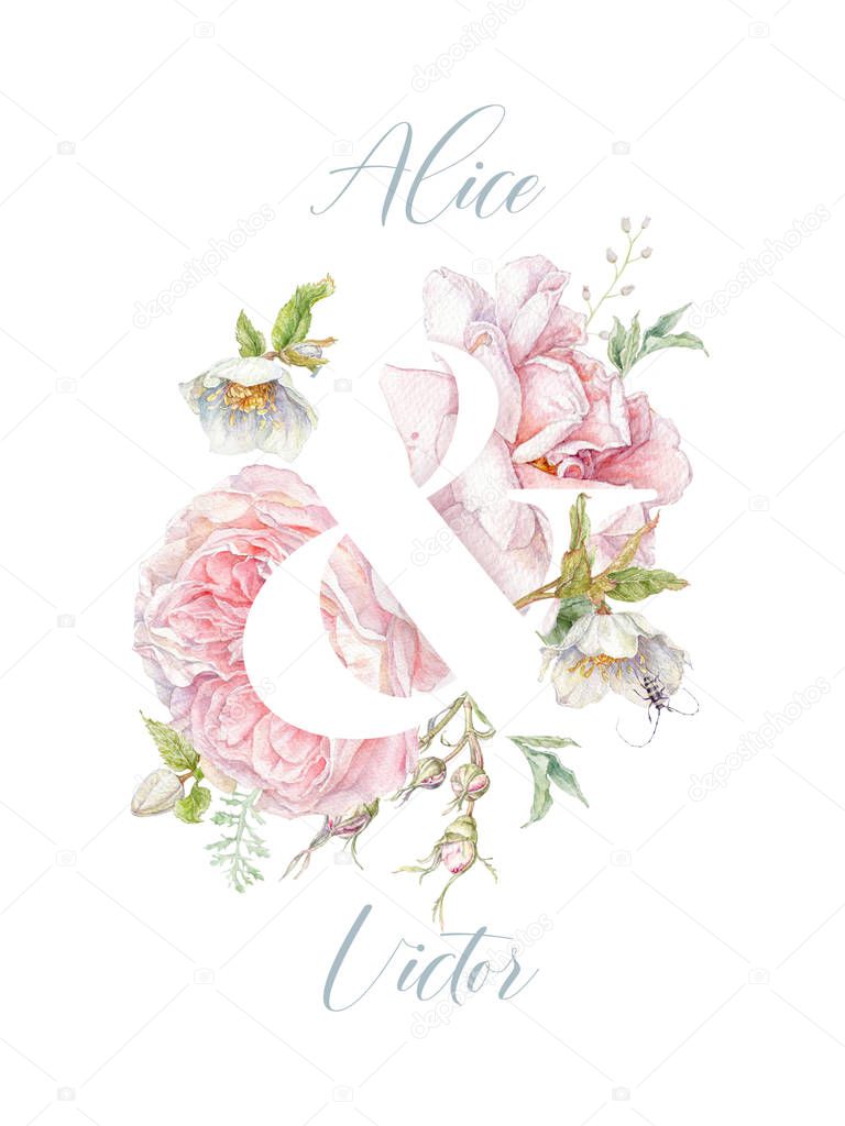 Watercolor pink rose flower wedding invitation card