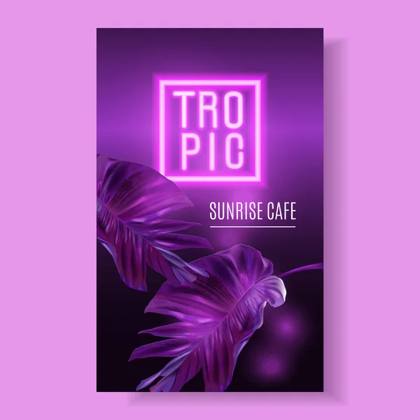Vector purple neon banner with tropical leaves — 스톡 벡터