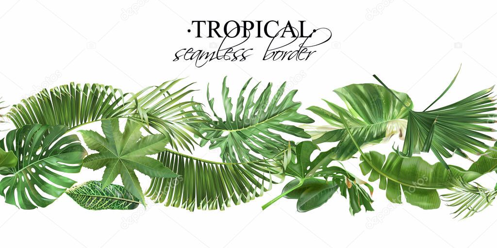 Vector seamless border with green tropical leaves
