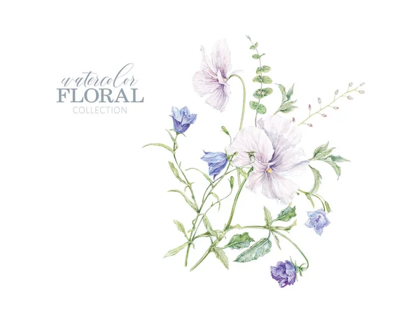 Aquarell Veilchen und Glockenblumenkarte — Stockfoto