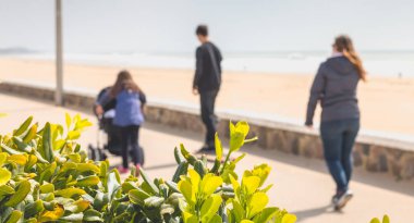 Bahar deniz kenarında yürüyen aile