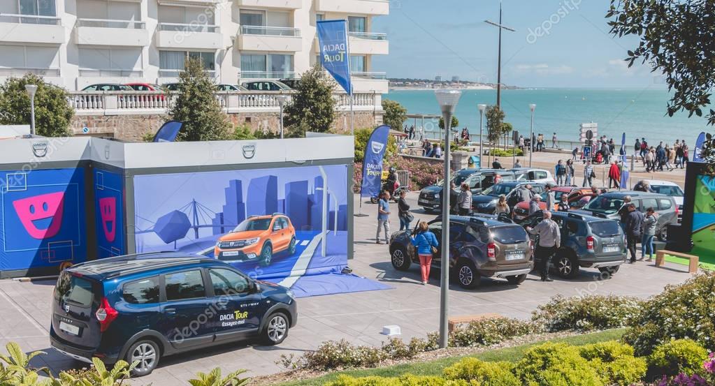 Sables d Olonne, France - May 07, 2017 : Dacia Tour 2017 is a commercial operation organized by the car builder in order to present its cars throughout France - General plan of the event