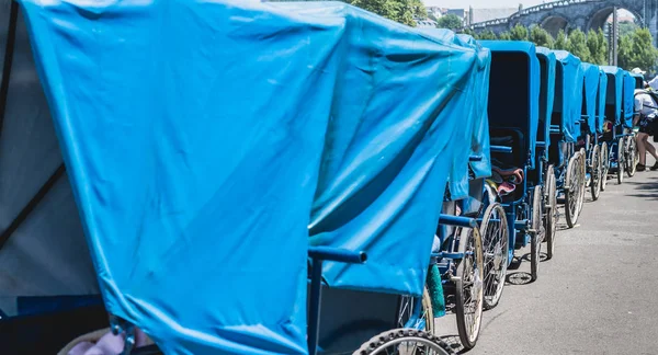 Wyrównanie niebieski wózków przed baseny w Lourdes — Zdjęcie stockowe