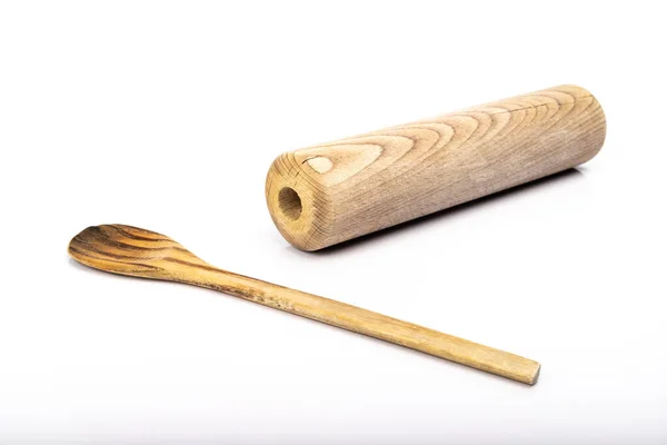 Wooden Spoon Rolling Pin White Background Studio — Stock Photo, Image