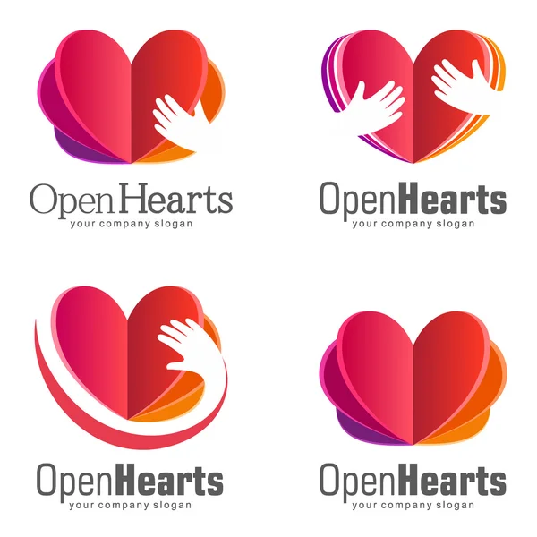 Conjunto de logotipos para caridade. O trabalho dos voluntários. Corações abertos — Vetor de Stock