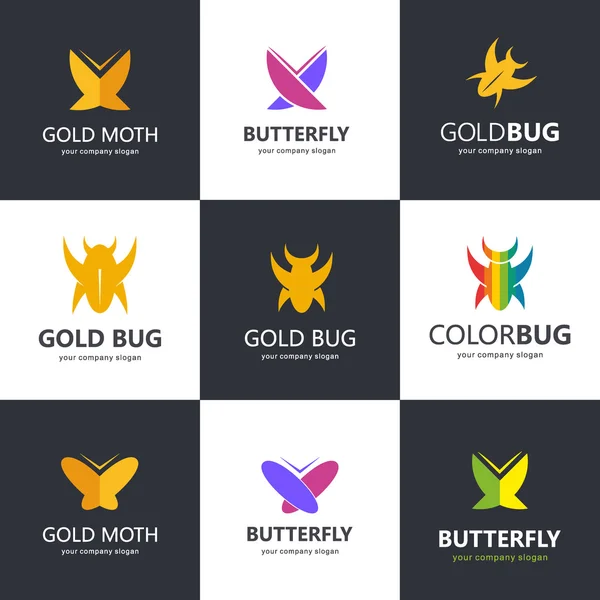 Conjunto de insetos vetores, borboletas, besouros. Conceito de design vetorial dos logotipos — Vetor de Stock