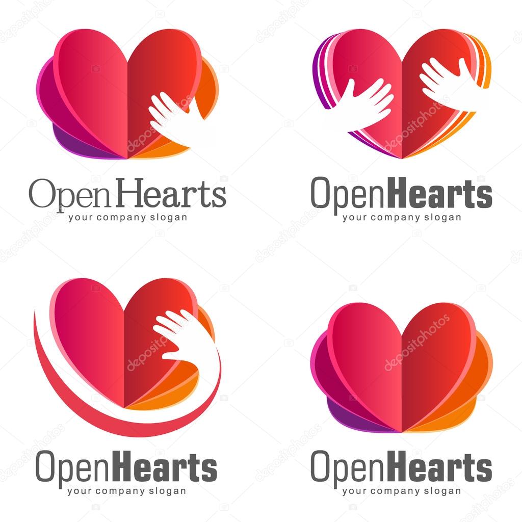 Vector Set of logos for charity. The work of volunteers. Open Hearts