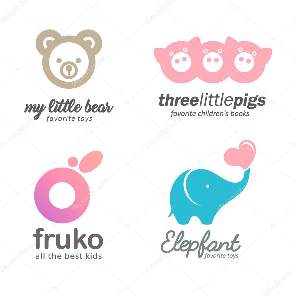 Set of logo baby goods, children's books, toys. Kids club