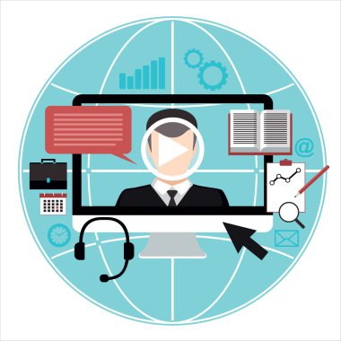 Webinar, on-line konferans, dersler, eğitim İnternet vektör düz Illustration. İş adamları ve dijital pazarlama. Internet pazarlama.