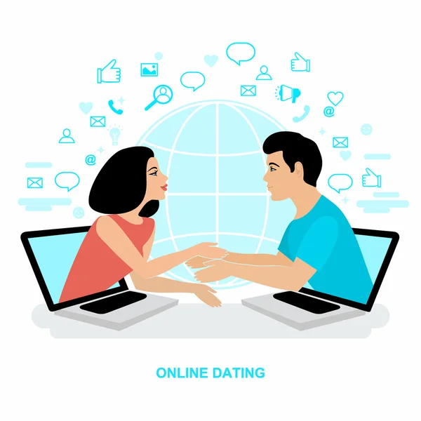 인터넷 데이트입니다. 온라인 커뮤니케이션입니다. 네트워크에서 사랑을 찾는 — 스톡 벡터