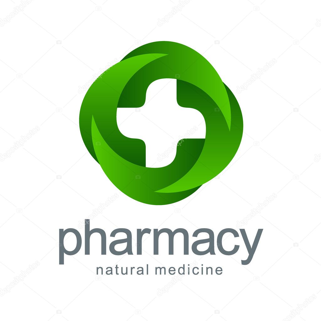 Vector logo pharmacy. Green cross from the leaves. Eco, bio, organic emblem