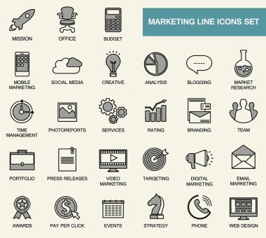 İnternet pazarlama, medya ve iş için çizgi düz tasarım simgeler kümesi