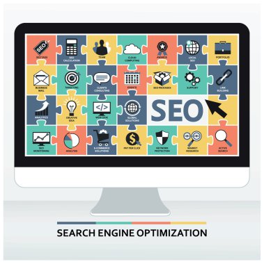 Düz tasarım vektör illüstrasyon kavramı satış artırmak için SEO. Arama Motoru Optimizasyonu birbirine bağlı simgeler çoğulluğu monte edilir. 