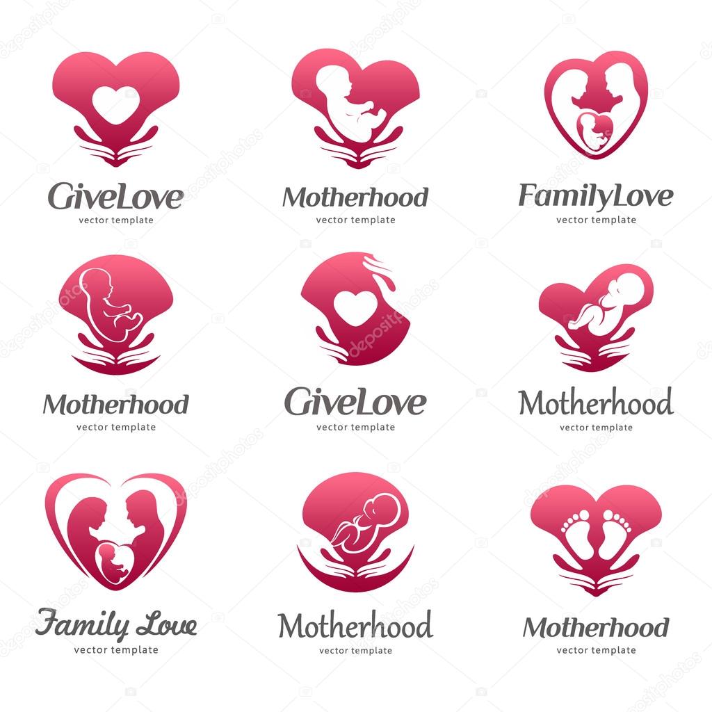 Set of logos of motherhood, baby care, family love, pregnancy, childbearing