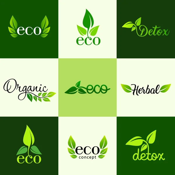 Vector set of design elements of the logo - a healthy diet, detox, organic and natural products — Stock vektor