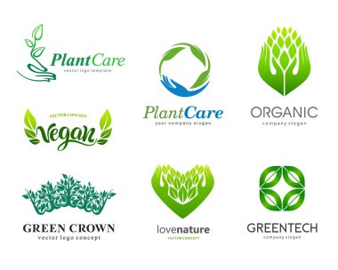 Logolar kümesi. Bitki koruma, eco, organik. Sağlıklı beslenme ve sağlıklı bir yaşam tarzı 
