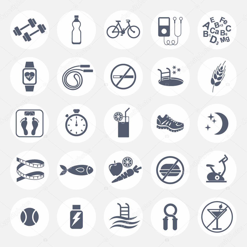 Set of flat vector icons with tips for losing weight. Sport, diet and healthy lifestyle. Gym, workout, exercises, training 