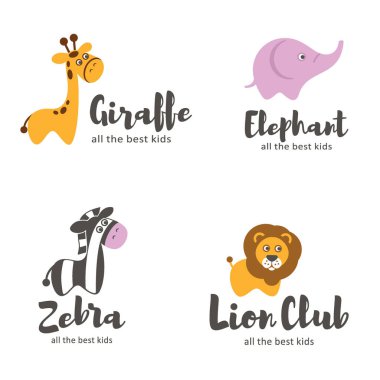 Vektör logo şablonu. Bebek hayvanlar. Aslan, zebra, fil, zürafa