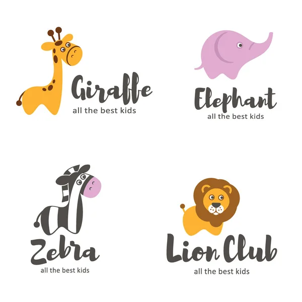 矢量标志模板。婴儿动物。狮子、 斑马、 大象、 长颈鹿 — 图库矢量图片