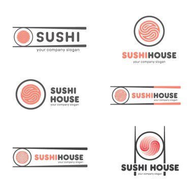 Vektör logolar suşi için kümesi. Japon gıda restoranlar için logo tasarımı