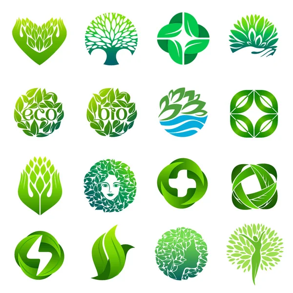 Eco, orgánico, conjunto de iconos bio. Diseño del logotipo del vector para el bienestar, spa, farmacia — Archivo Imágenes Vectoriales