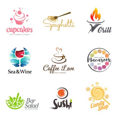 Vektör Restoran logo tasarımını ayarlayın. Eko gıda, şarap, sushi, kek, kurabiye, kahve ve ızgara simgesi. Yemek öğeleri simgesi tasarım.