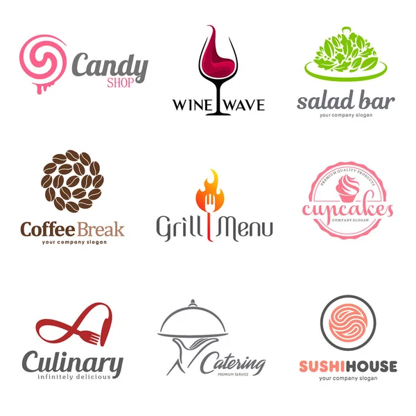 Ensemble vectoriel de logo de restaurant. Eco food, vin, sushi, cupcakes, café et grill icône. Éléments de vaisselle icône design . — Image vectorielle