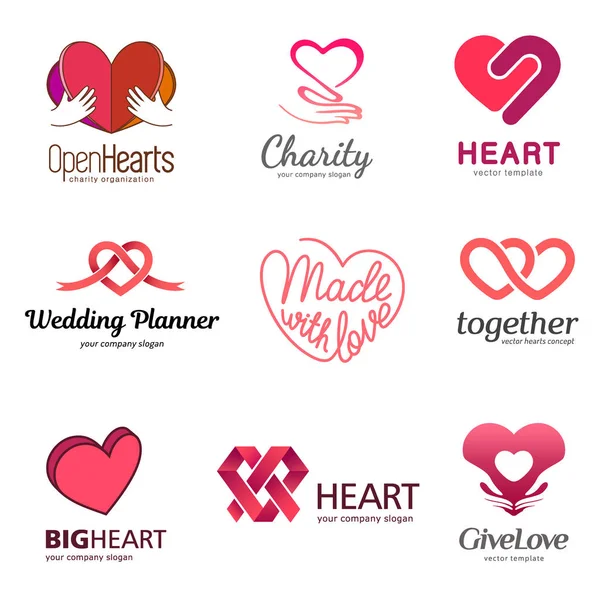 Rotes Herz - Vektor-Set Logo-Design-Set. Medizin und Gesundheitswesen. Liebe, Nächstenliebe und Philanthropie. — Stockvektor