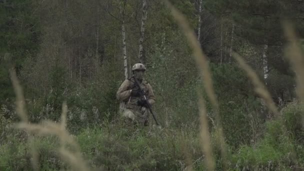 Soldat med en pistol i handen på en kulle i en skog — Stockvideo