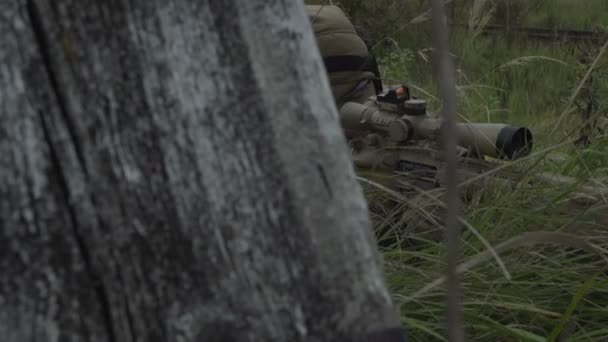 Sniper lies behind cover in the grass with a gun in his hand and shoots — Stock Video