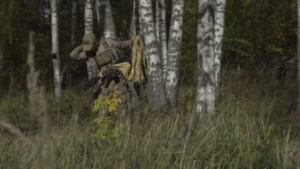 Солдат в лісі знижується уніформи. Ліс берези — стокове відео