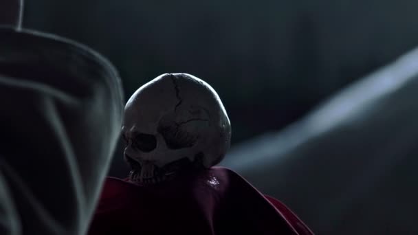 Людський череп на червоній ковдрі — стокове відео