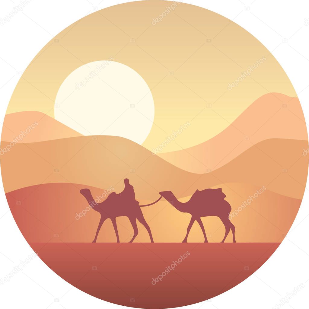 Bedouin leading a caravan of camels in the desert at sunset